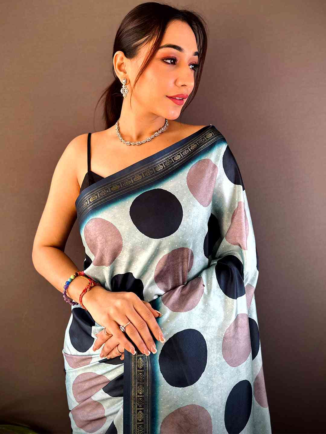 Sky Blue Soft Silk Polka Dot Print Saree
