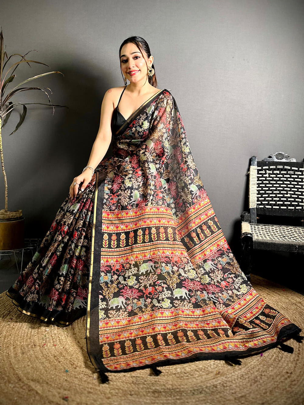 Black Kota Doriya Kalamkari Print Saree