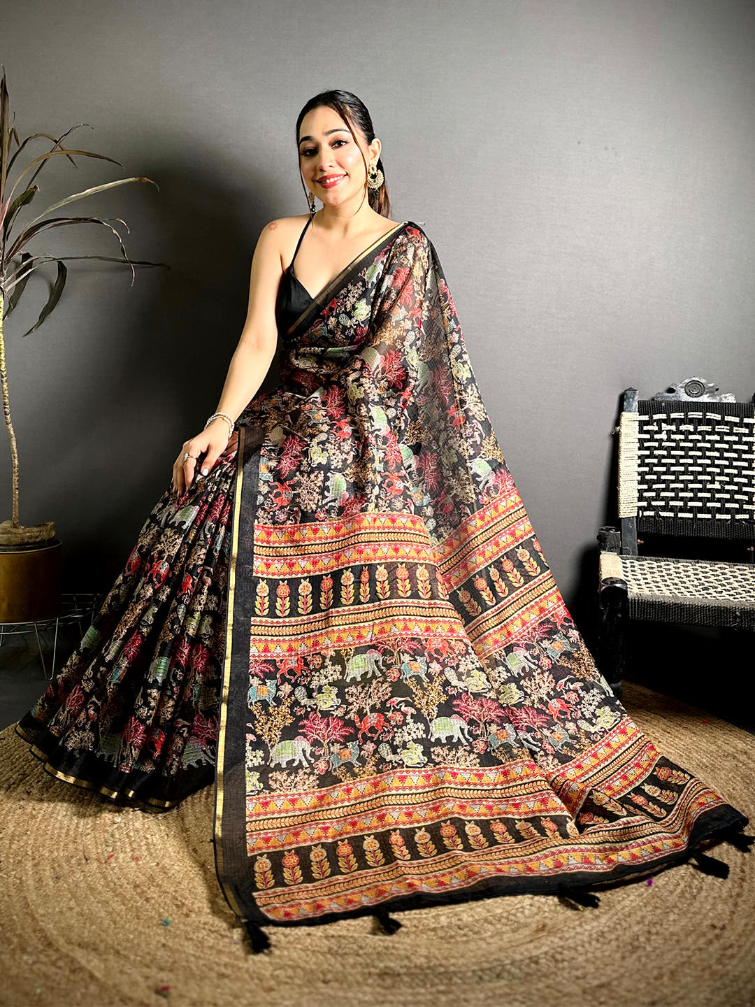 Black Kota Doriya Kalamkari Print Saree