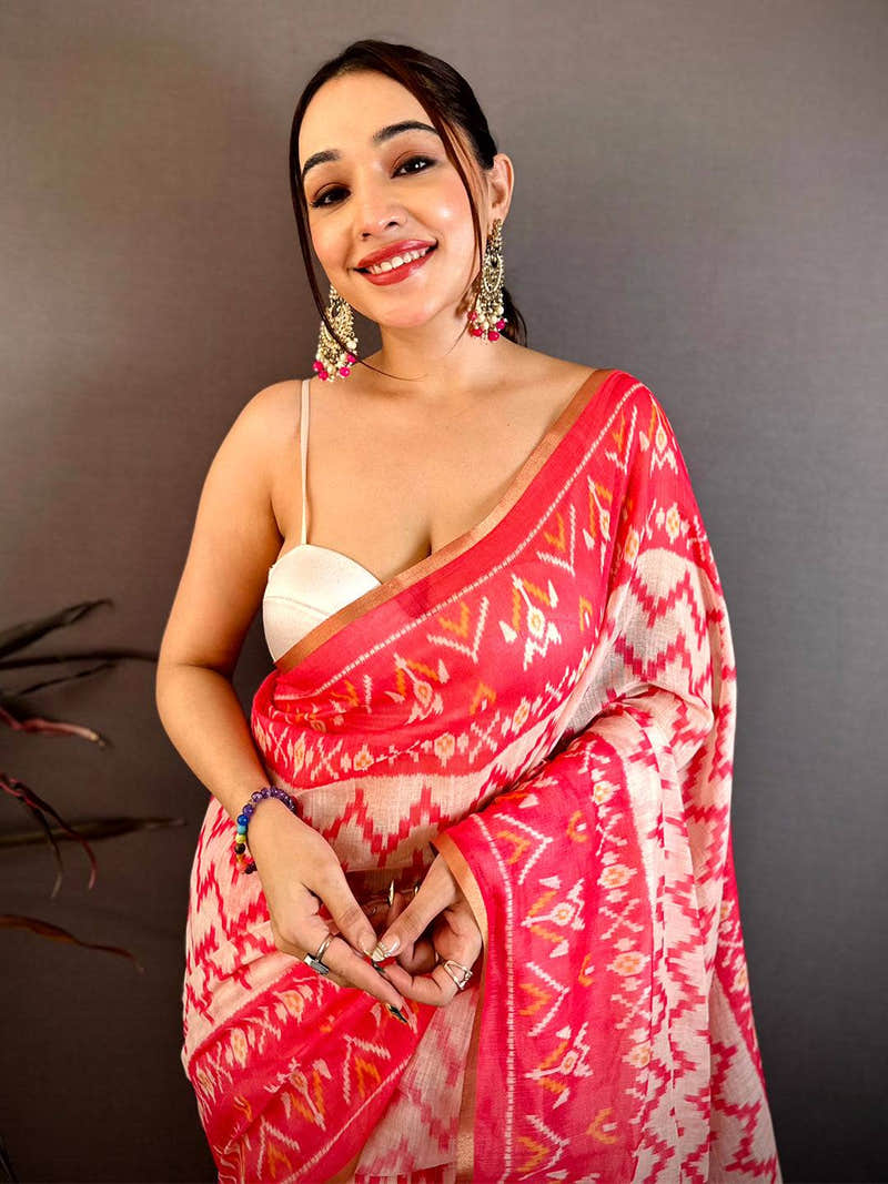 Radiant Red Linen Chanderi Ikkat Saree