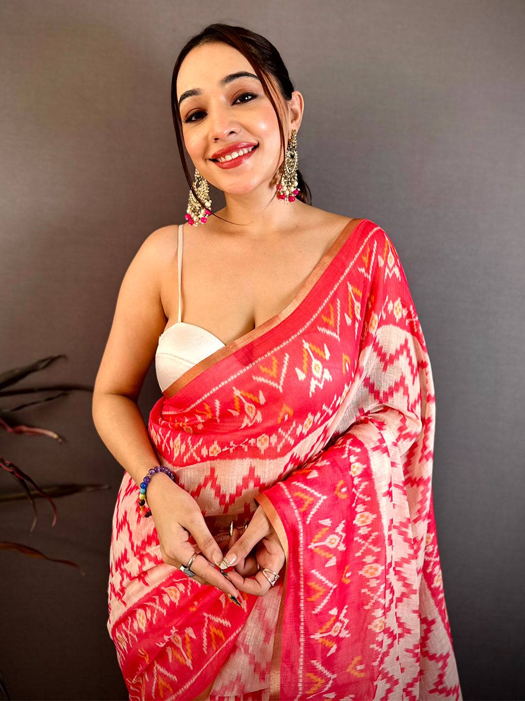 Radiant Red Linen Chanderi Ikkat Saree