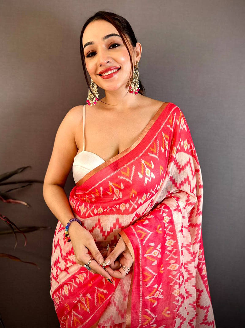Radiant Red Linen Chanderi Ikkat Saree