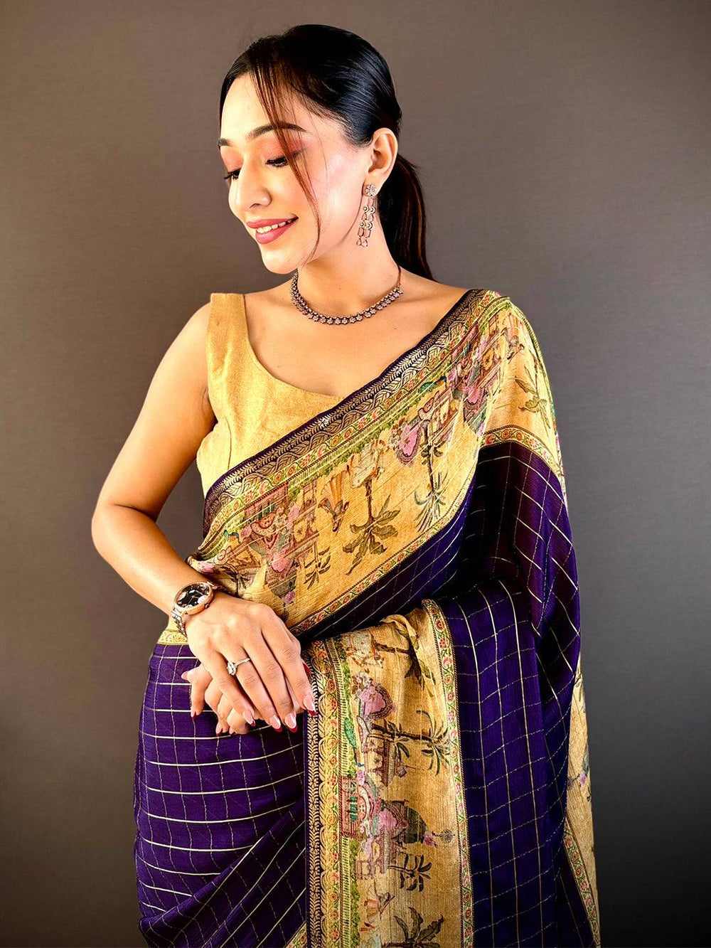 Purple Chinnon Chiffon Kalamkari Saree