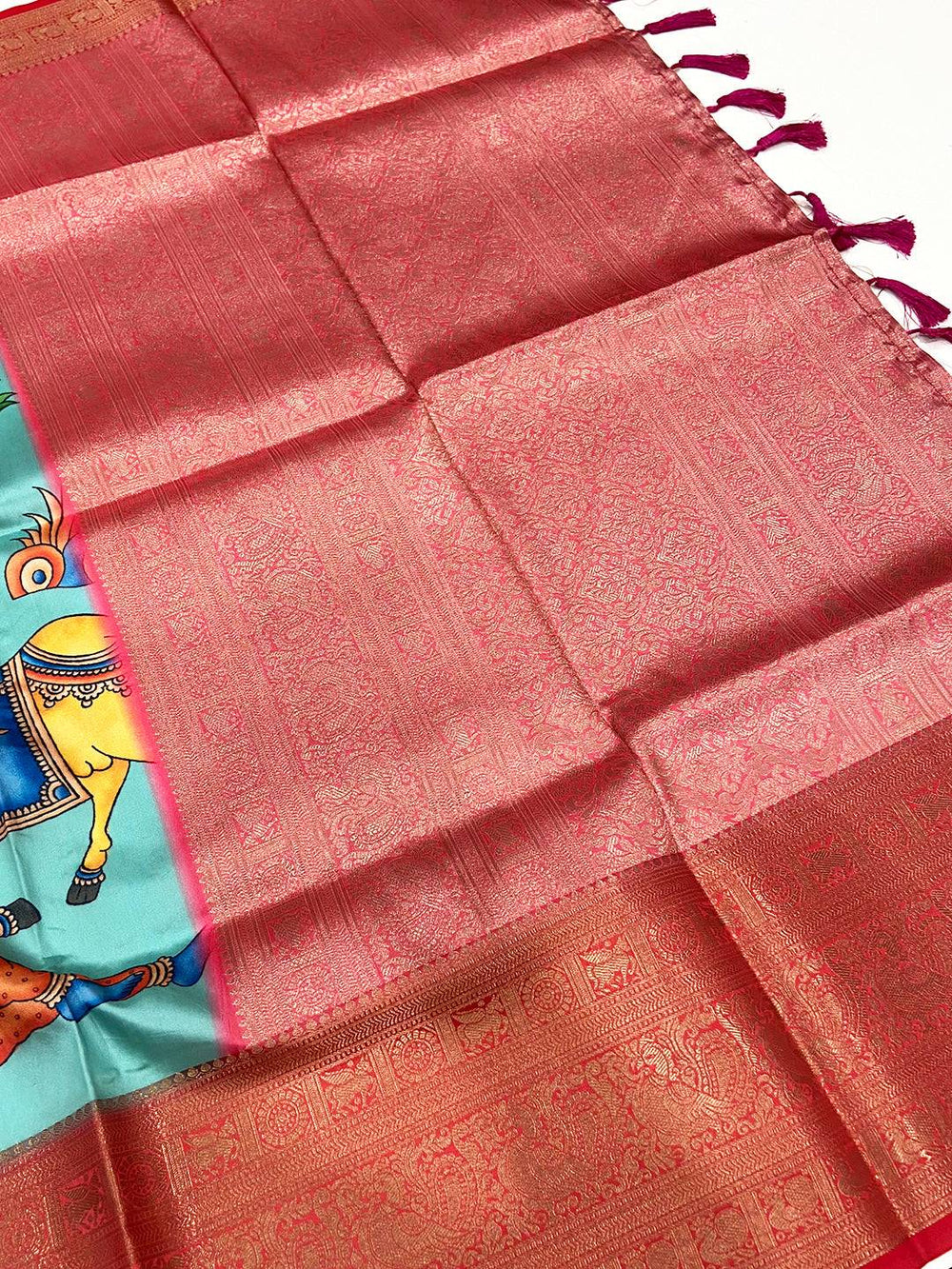 Turquoise Banarasi Silk Kalamkari Printed Saree
