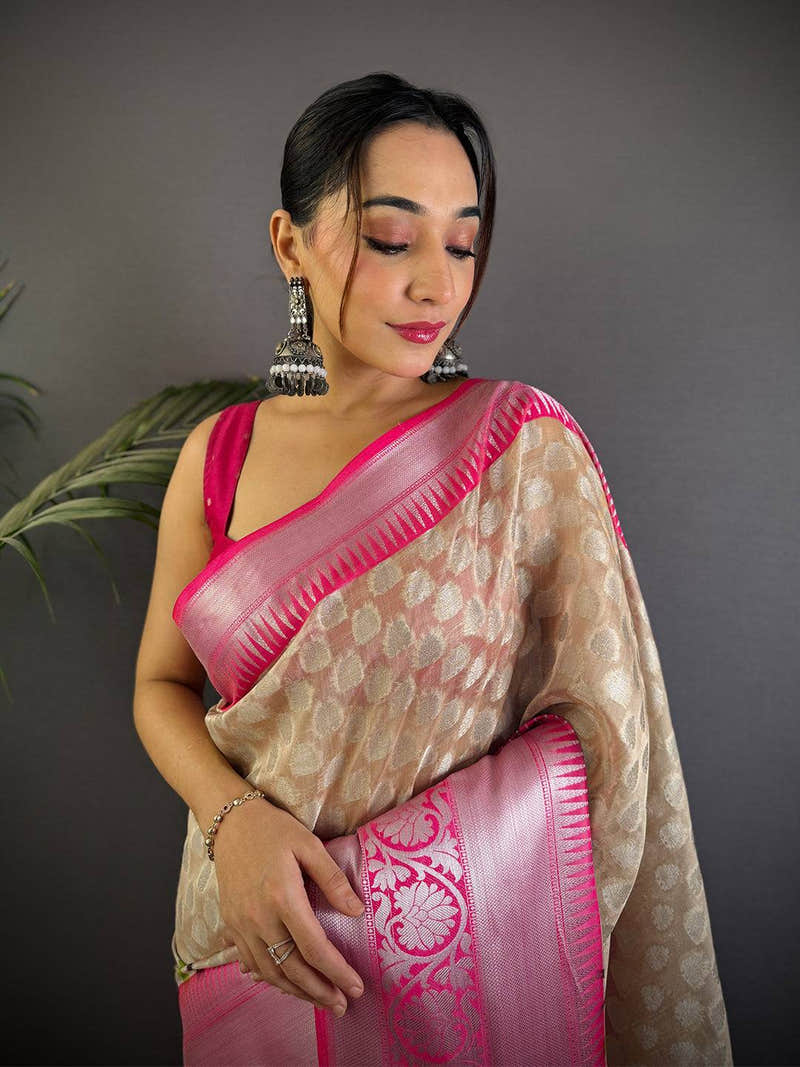 Elegant Cream Kora Tissue Saree