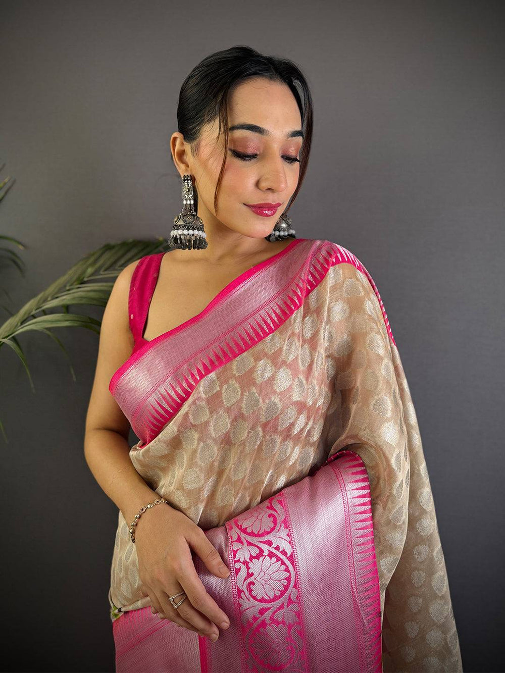 Elegant Cream Kora Tissue Saree
