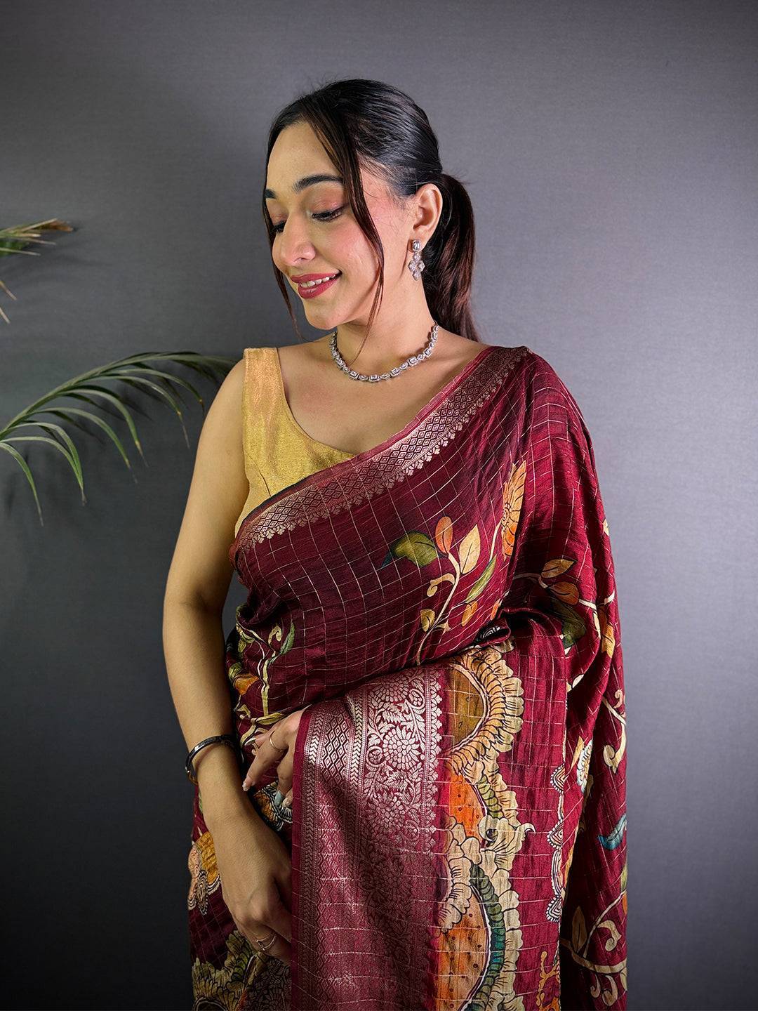 Deep Maroon Pure Viscose Kalalmkari Print Saree

