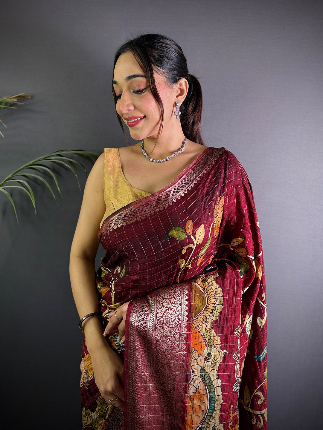 Deep Maroon Pure Viscose Kalalmkari Print Saree