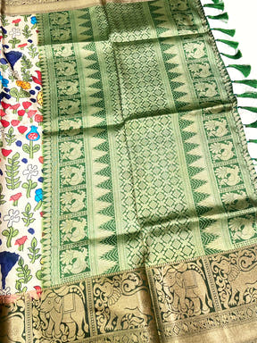 Green Floral Printed Banarasi Saree