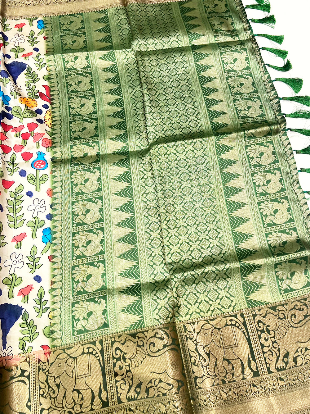 Green Floral Printed Banarasi Saree