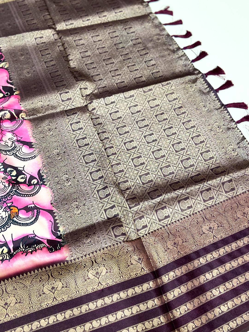 Purple Kalamkari Printed Banarasi Saree