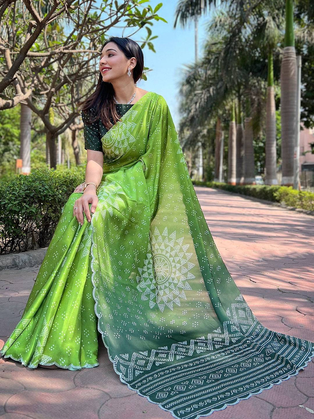 Georgette Silk Saree with Ombre Bandhej Print & Stone Work