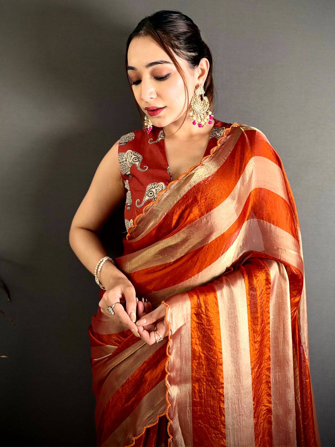 Elegant Shiny Silk Striped Print Saree