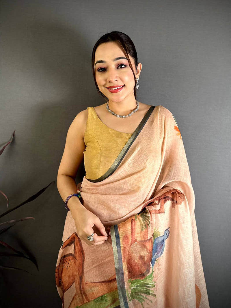 Peach Animal Print Linen Chanderi Saree