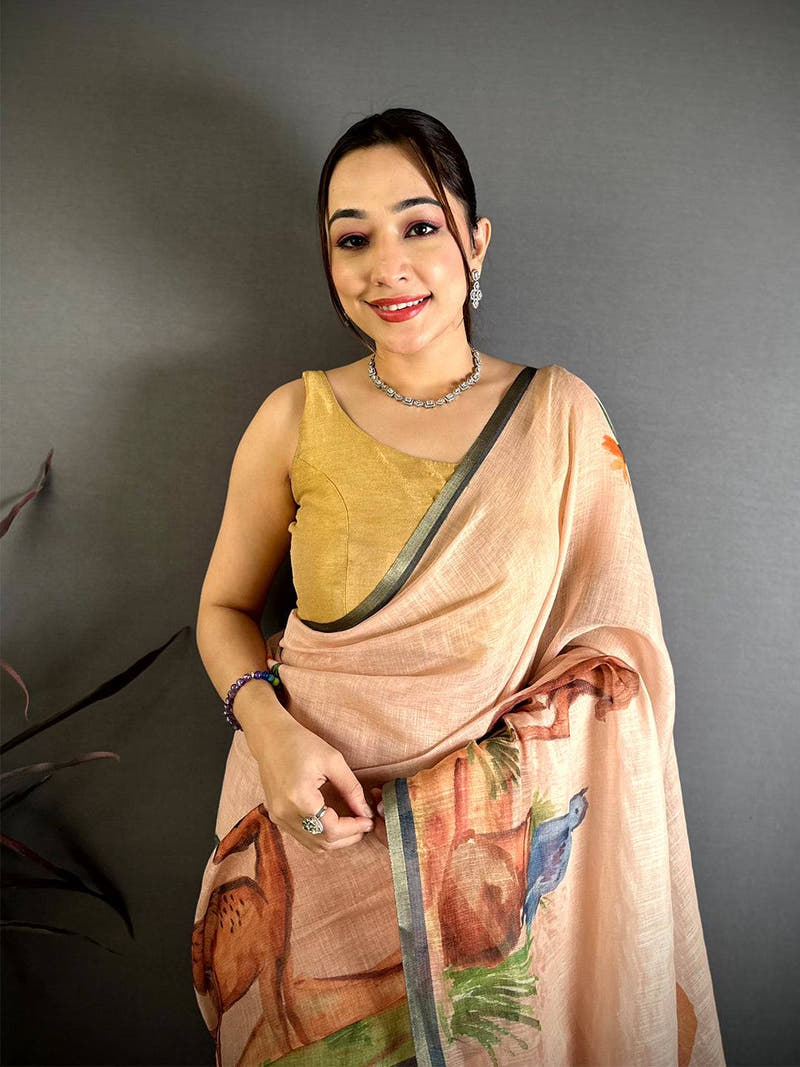 Peach Animal Print Linen Chanderi Saree