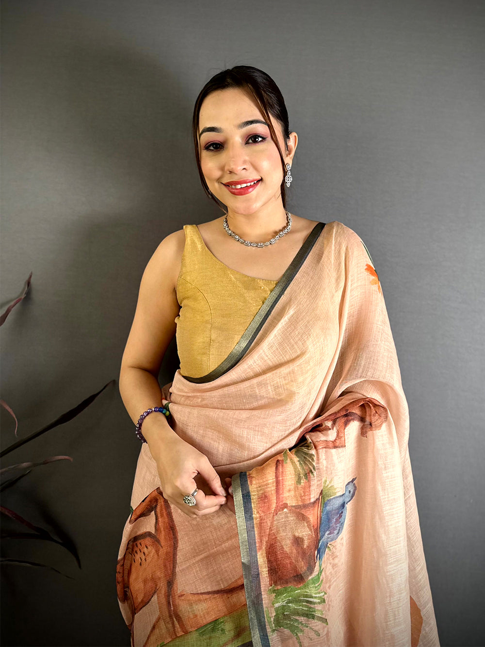 Peach Animal Print Linen Chanderi Saree