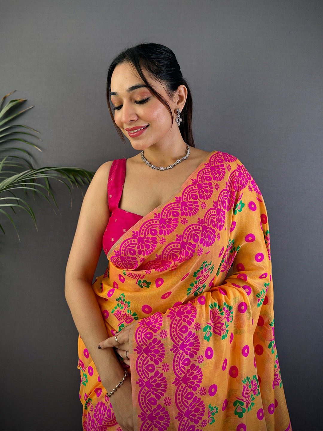 Mustard Dhakai Jamdani Cotton Silk Saree