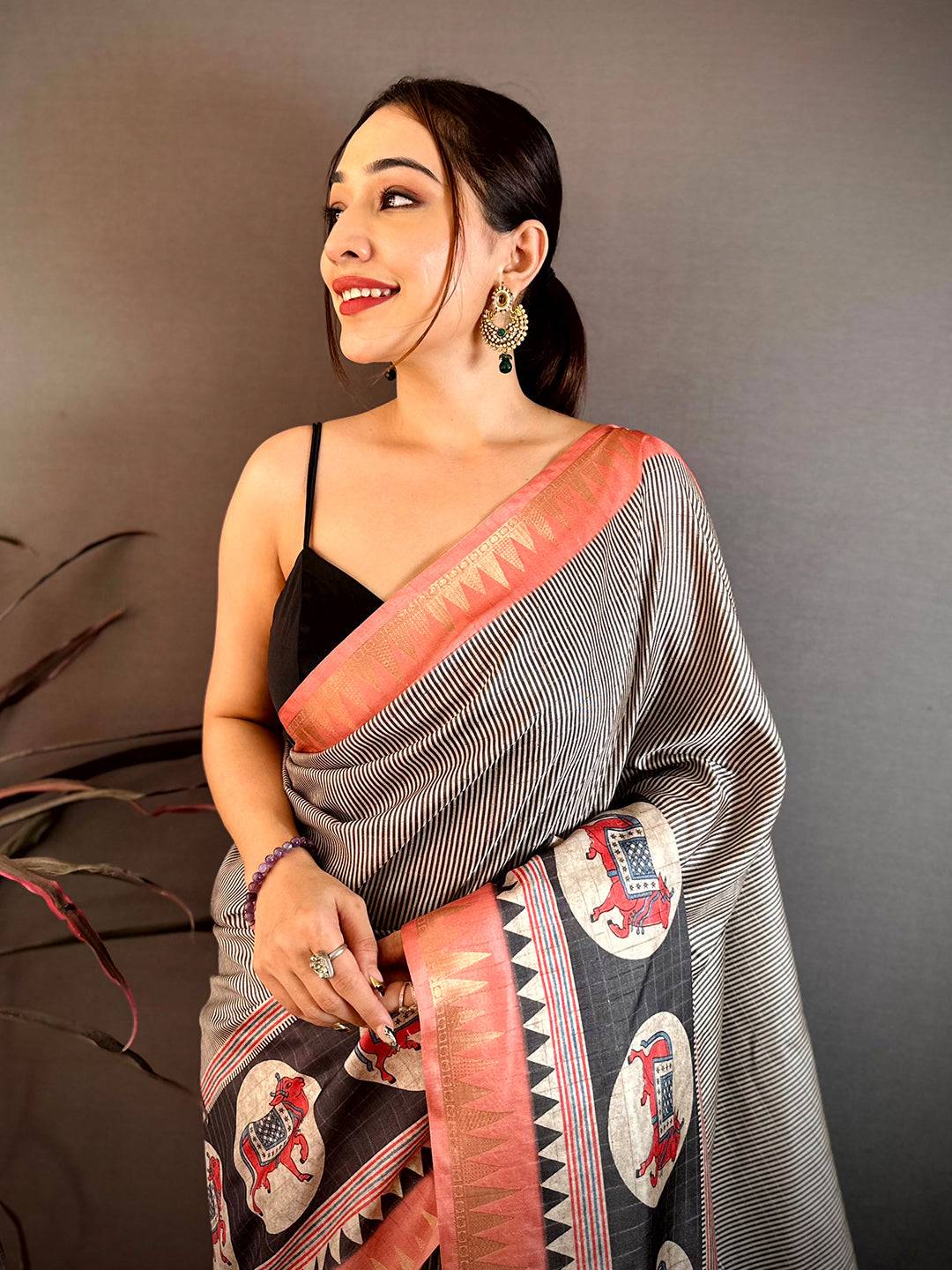 Regal Black Striped Tussar Saree