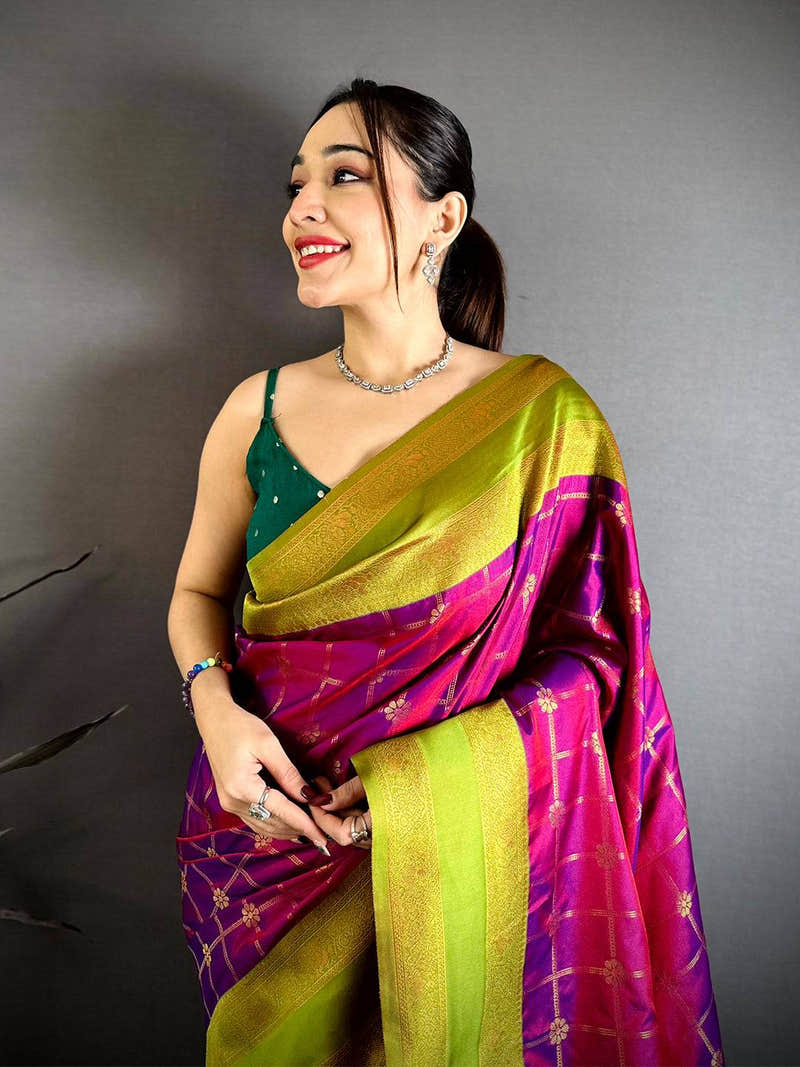 Magenta Check Weave Gadwal Saree
