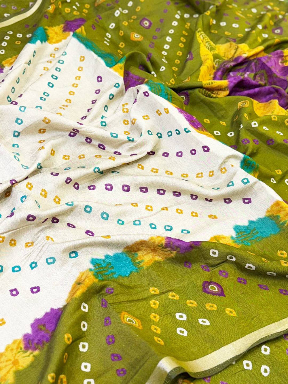 Green  Mul Cotton Bandhej Print Saree