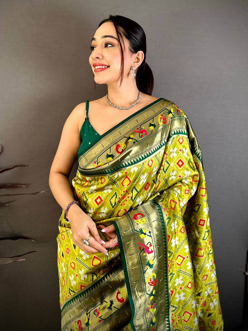 Lime Green Patola Silk Zari Weaving Saree