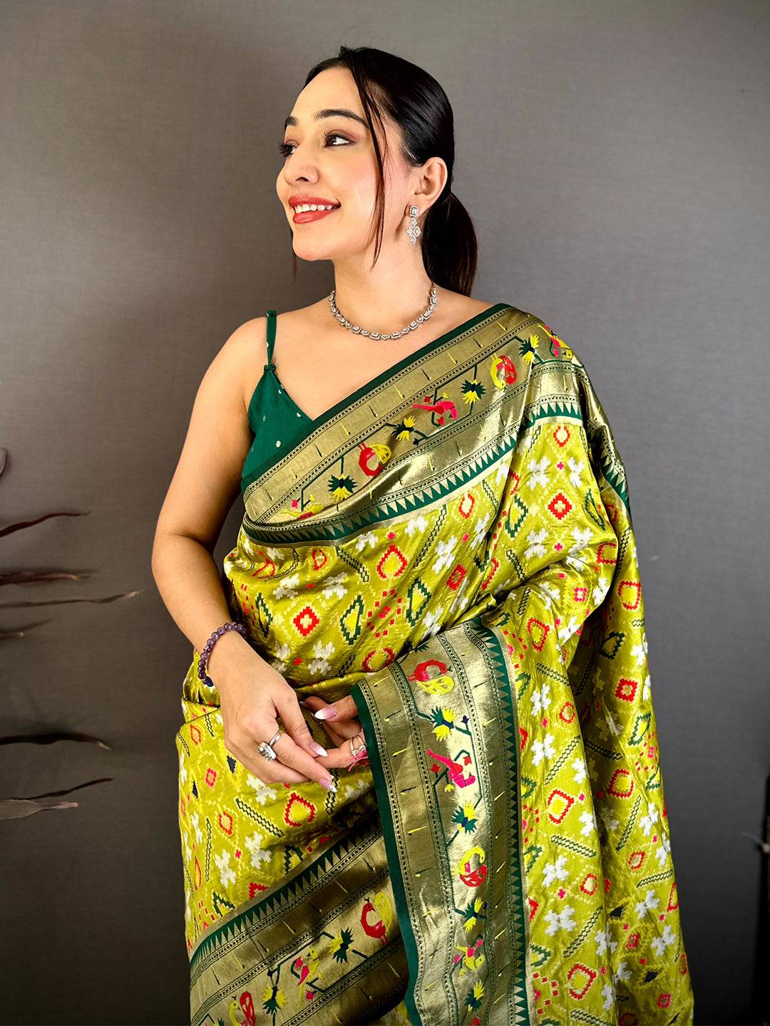 Lime Green Patola Silk Zari Weaving Saree