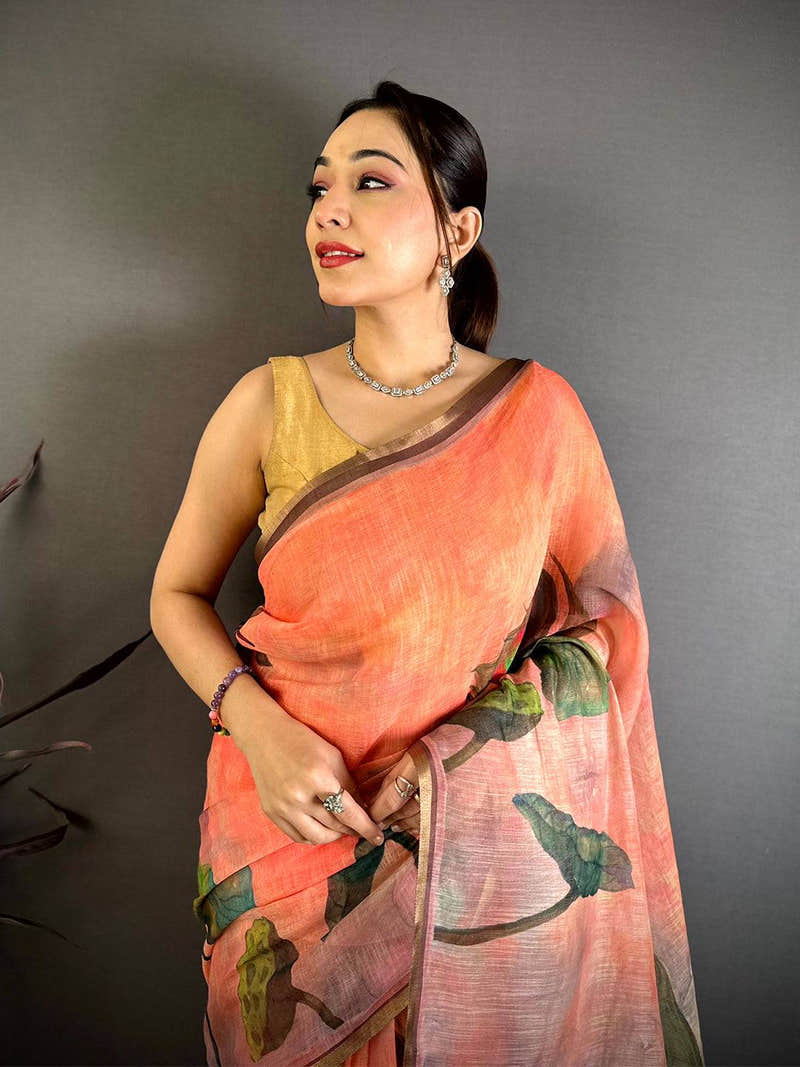 Peach Pen Kalamkari Linen Saree
