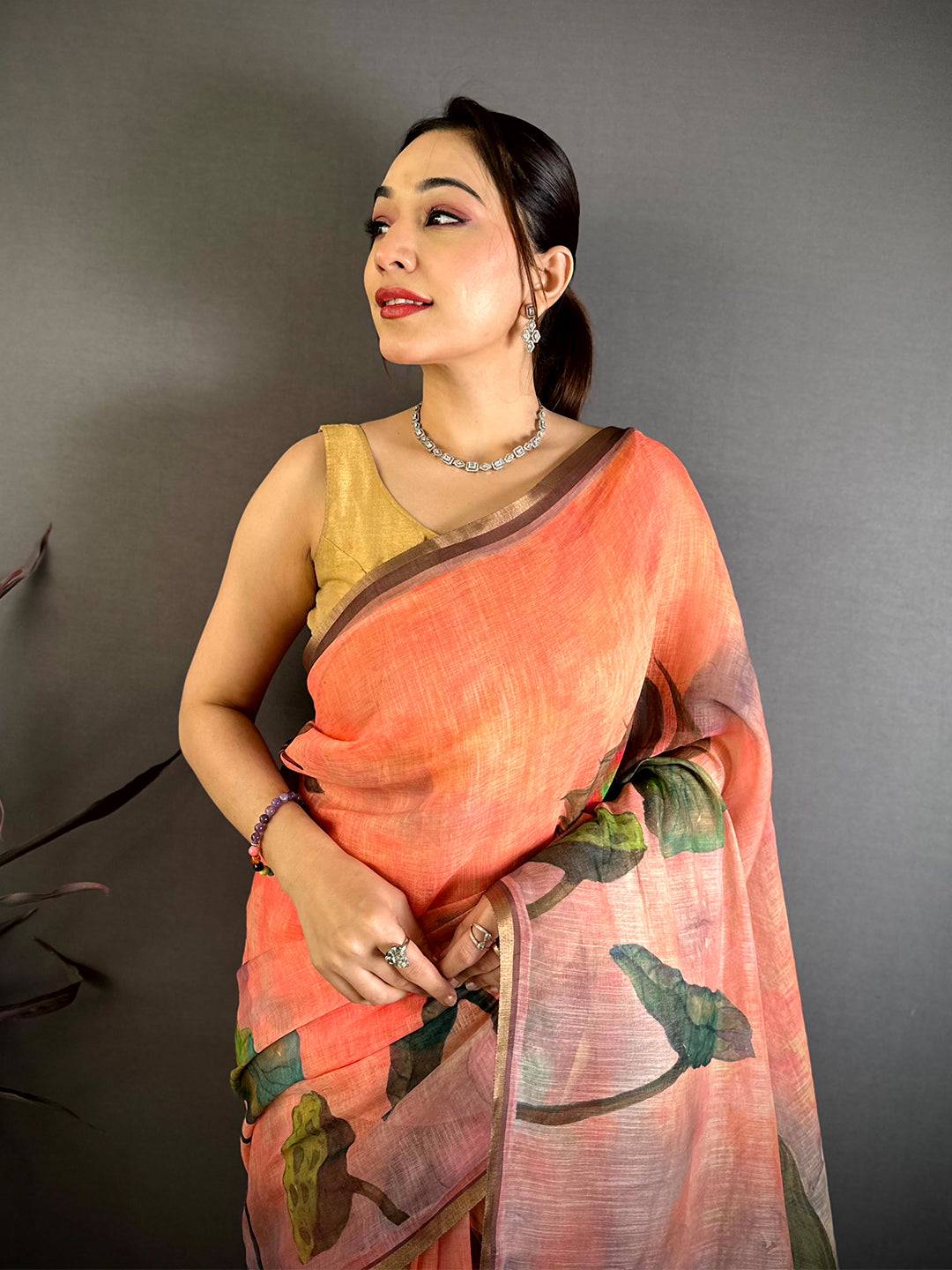 Peach Pen Kalamkari Linen Saree