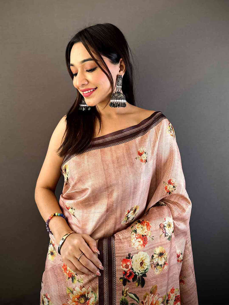 Floral Beauty in Blush Pink Tussar Zari Saree