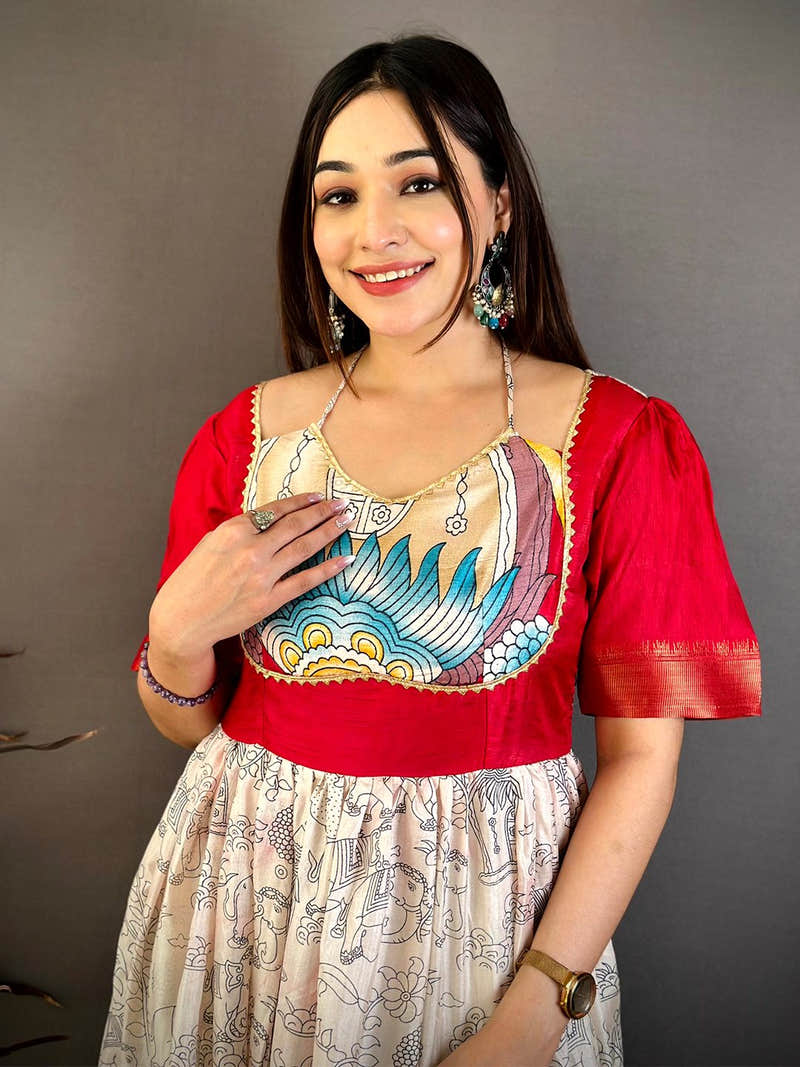 Red Kota Doriya Dress with Painted Yoke and Gold Lace Trim
