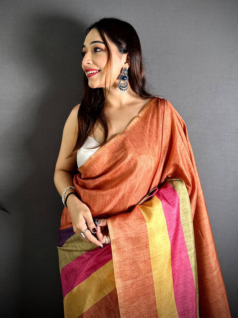 Stylish Ghicha Stripe Digital Tussar Saree