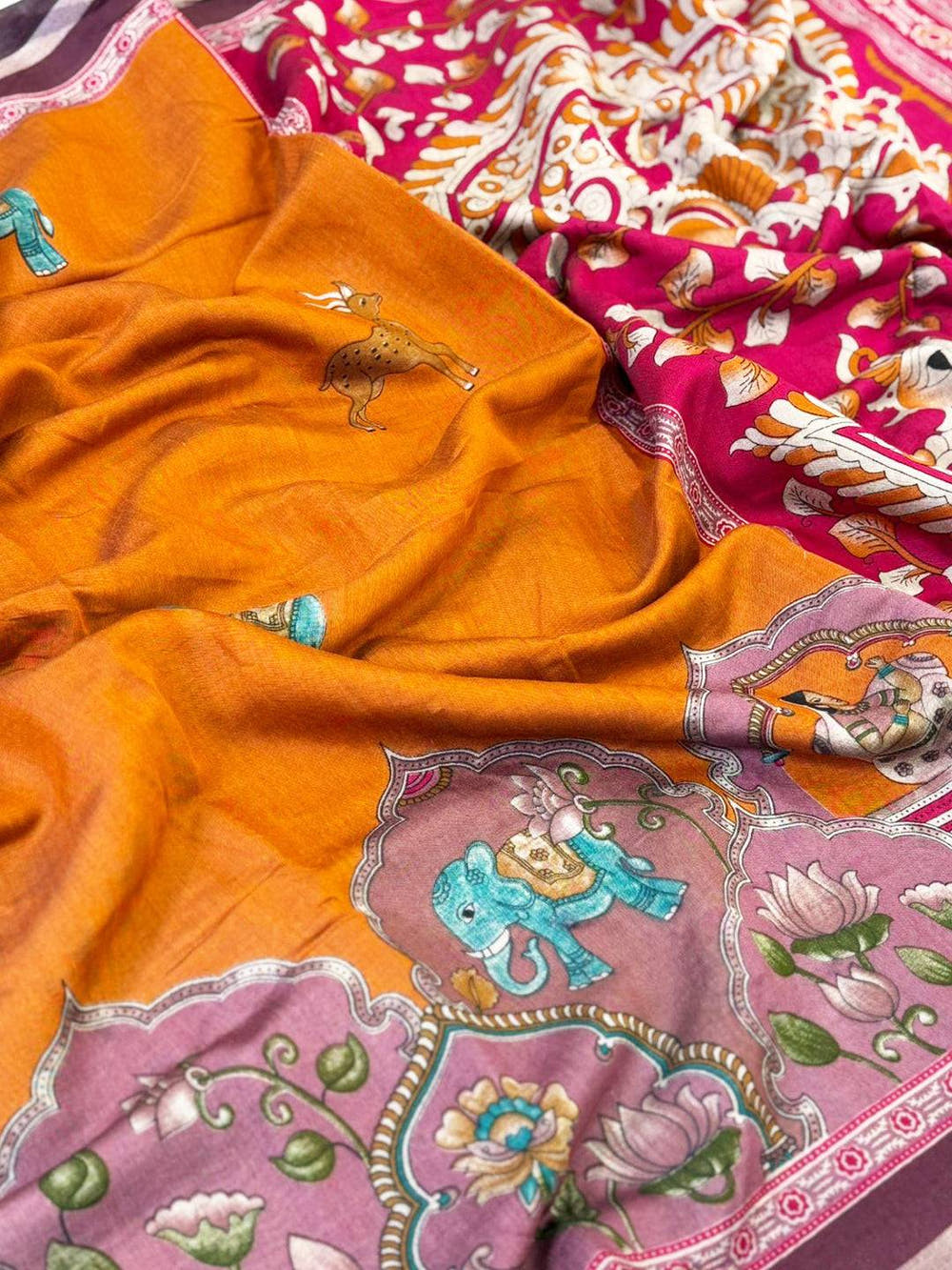 Orange Mul Kalamkari Printed Saree