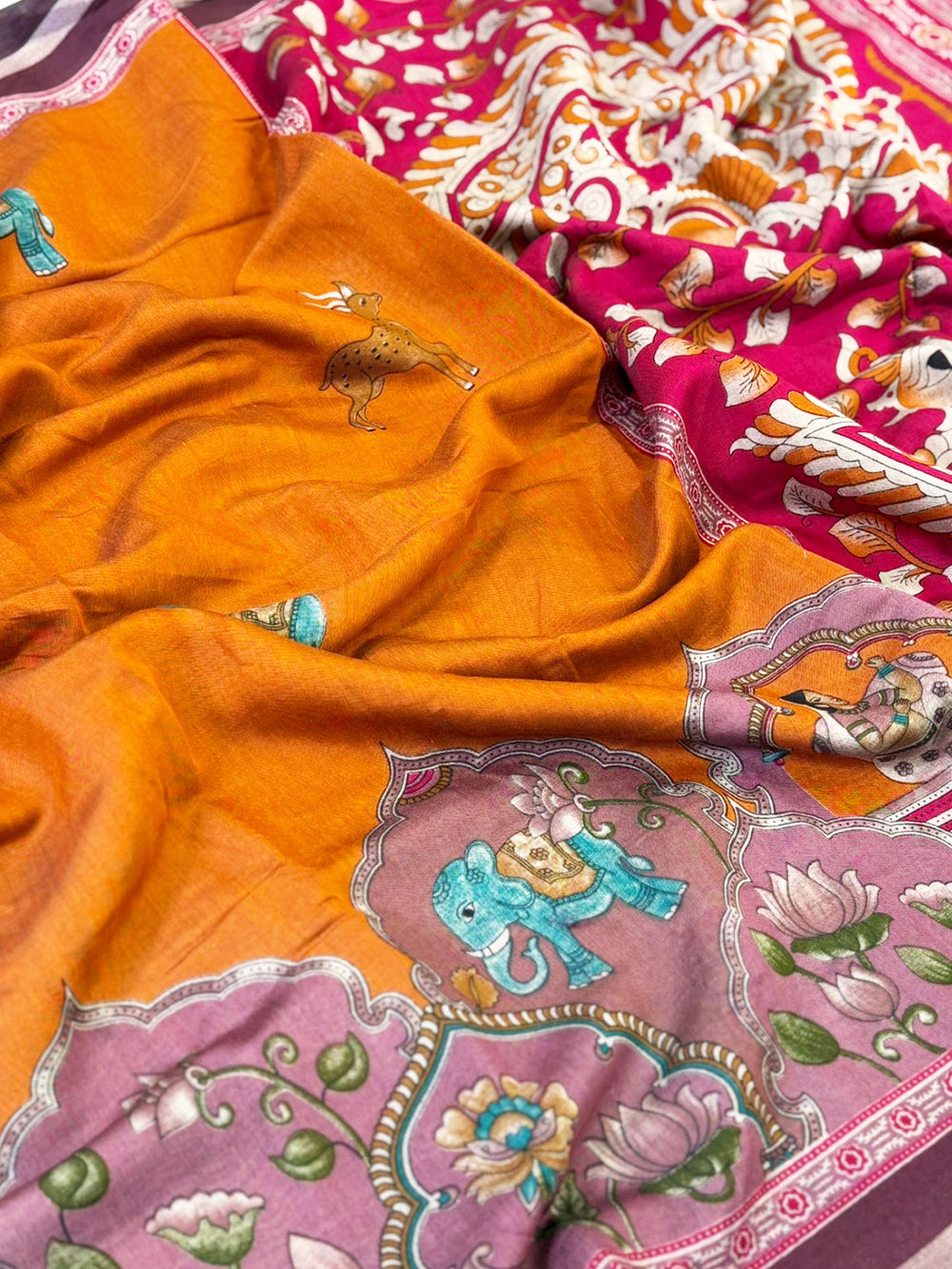 Orange Mul Kalamkari Printed Saree