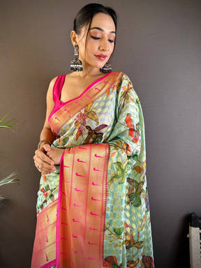 Mint Green Paithani Kora Silk Saree