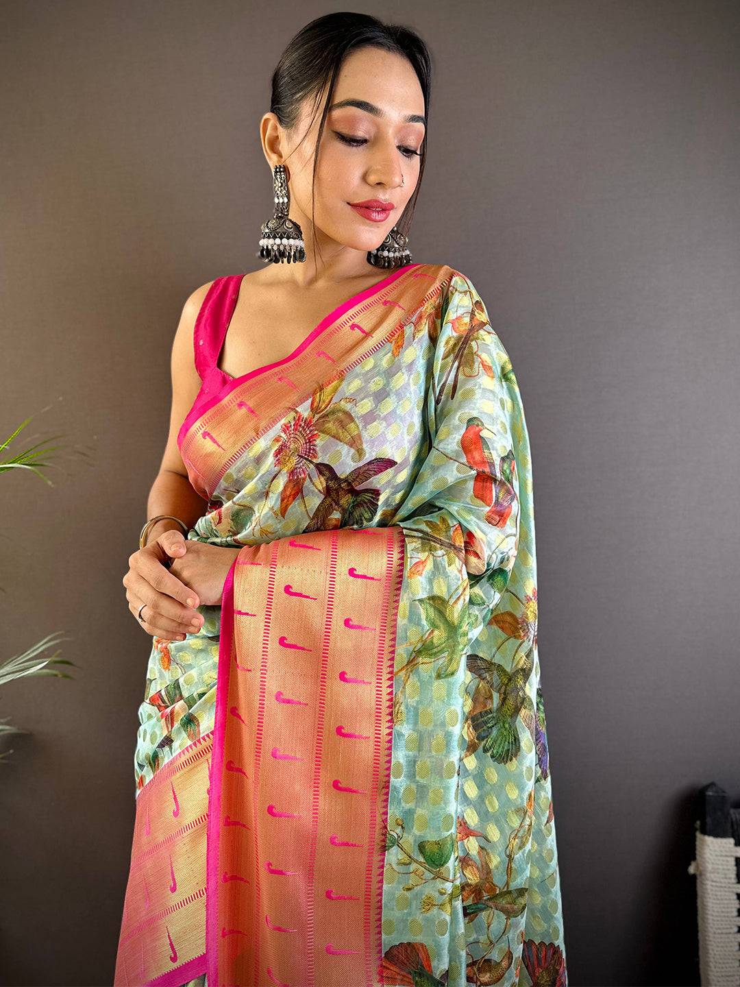 Mint Green Paithani Kora Silk Saree