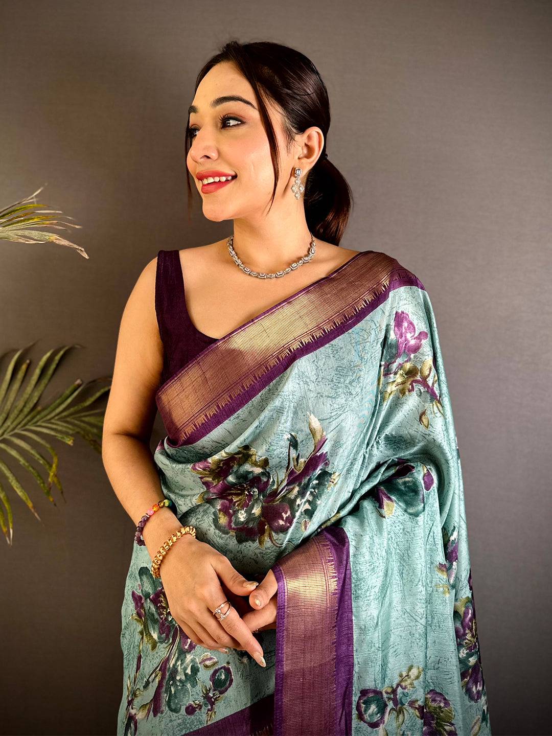 Stylish Sky Blue Floral Dola Silk Saree