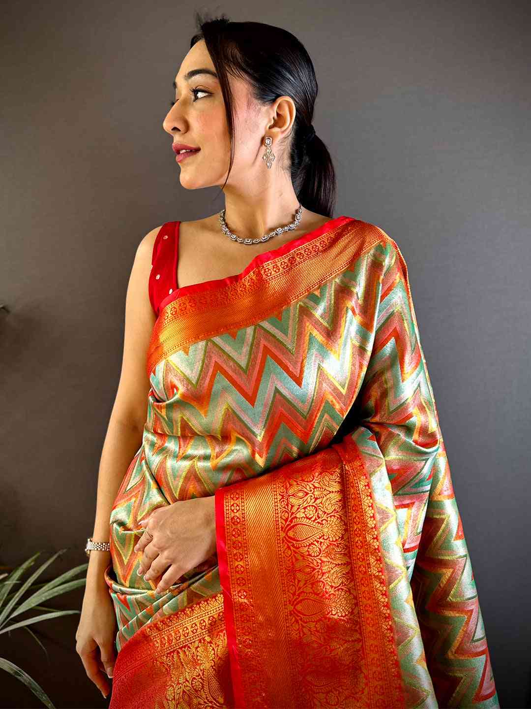 Regal Red Zigzag Dharmavaram Silk Saree
