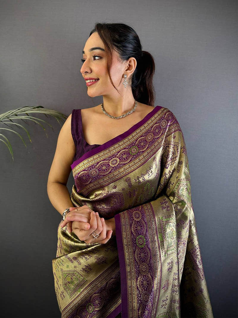 Artistry Warli Gold Zari Dharmavaram Silk Saree