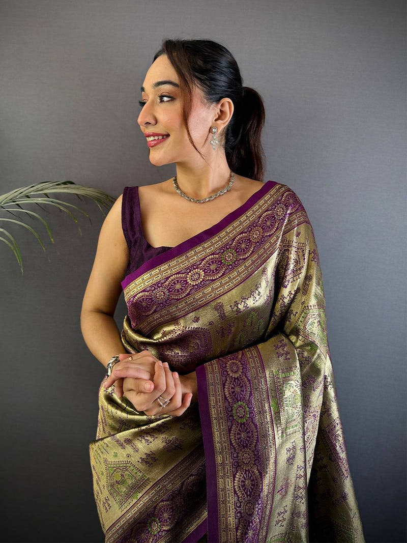 Artistry Warli Gold Zari Dharamavaram Silk Saree