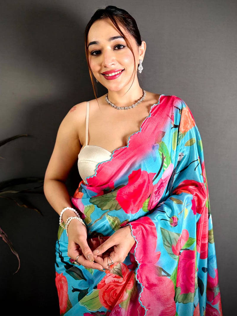 Sky Blue Chinnon Embroidered Border Saree