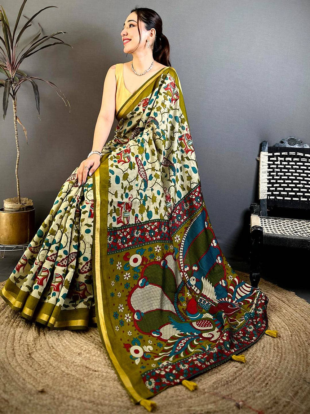 Royal Mul Cotton Elephant Kalamkari Print Saree