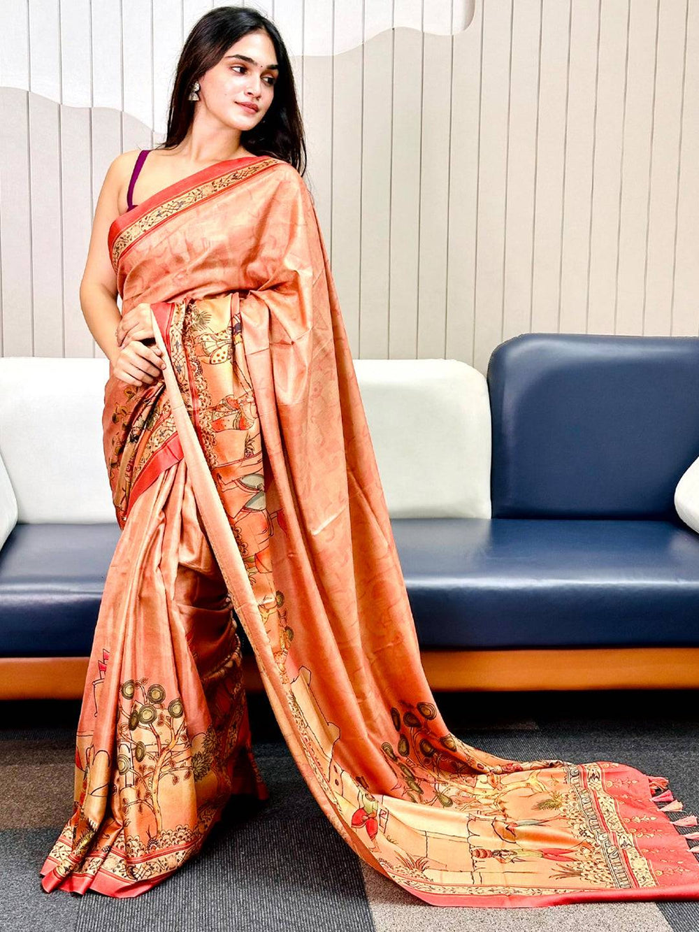 Elegant Muvel Kalamkari Saree with intricate design