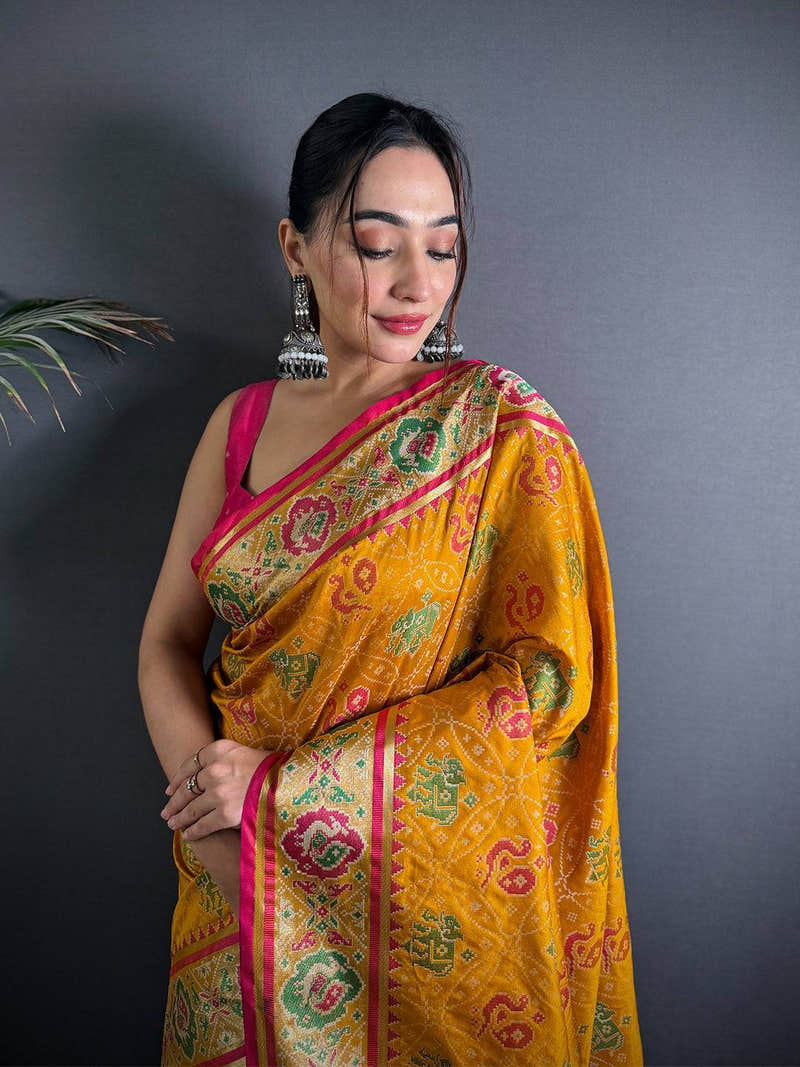 Elegant Yellow Pochampally Patola Silk Saree