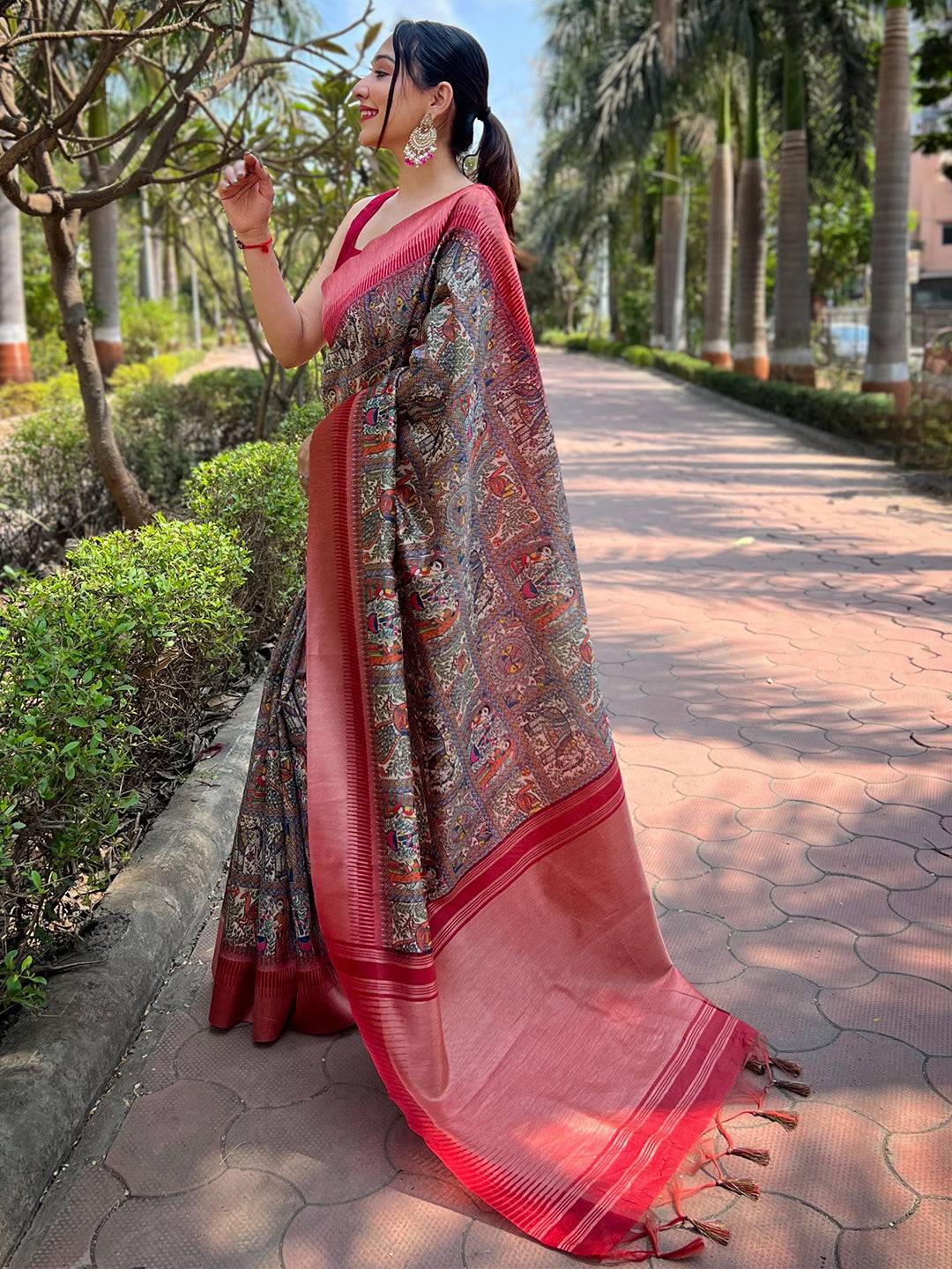 Slub Tussar Silk Madhubani Kalamkari Block Print Saree