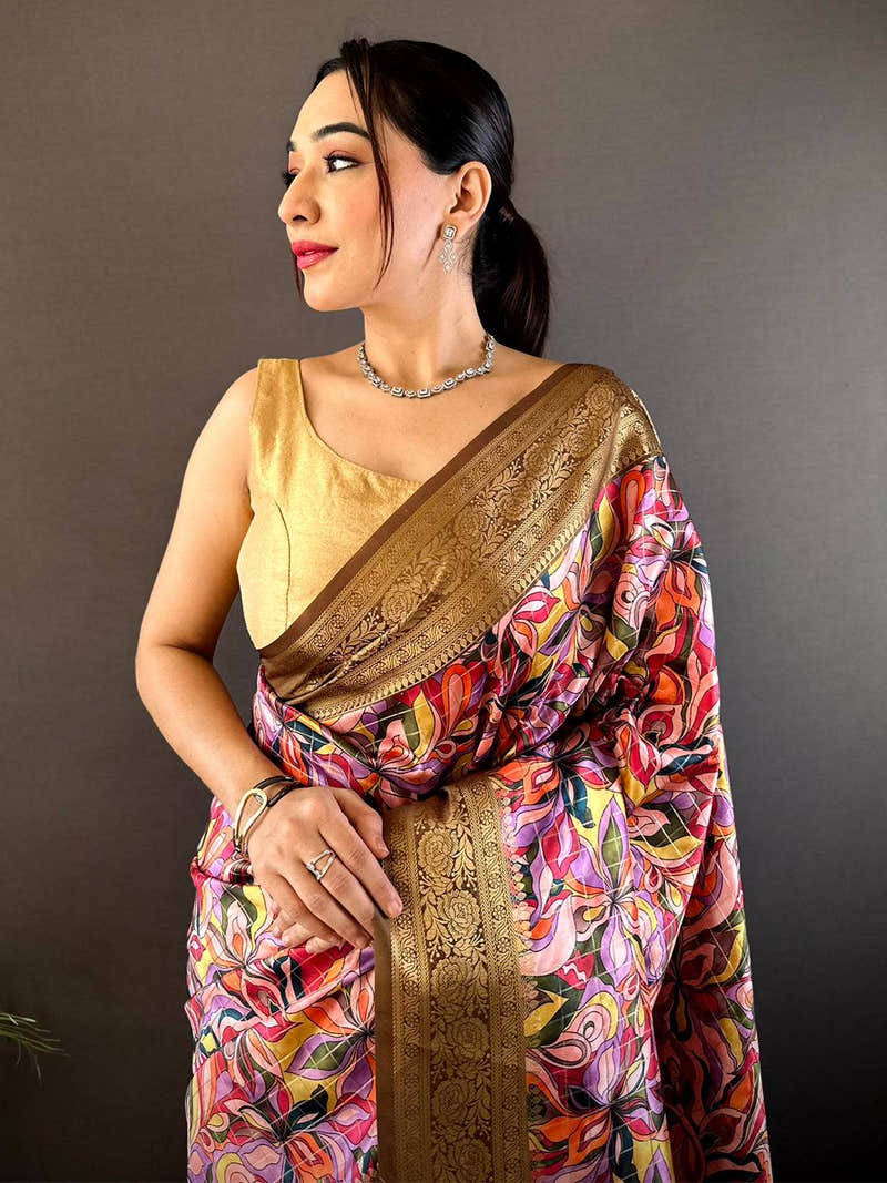 Brown Soft Gadwal Pattu Geometric Saree