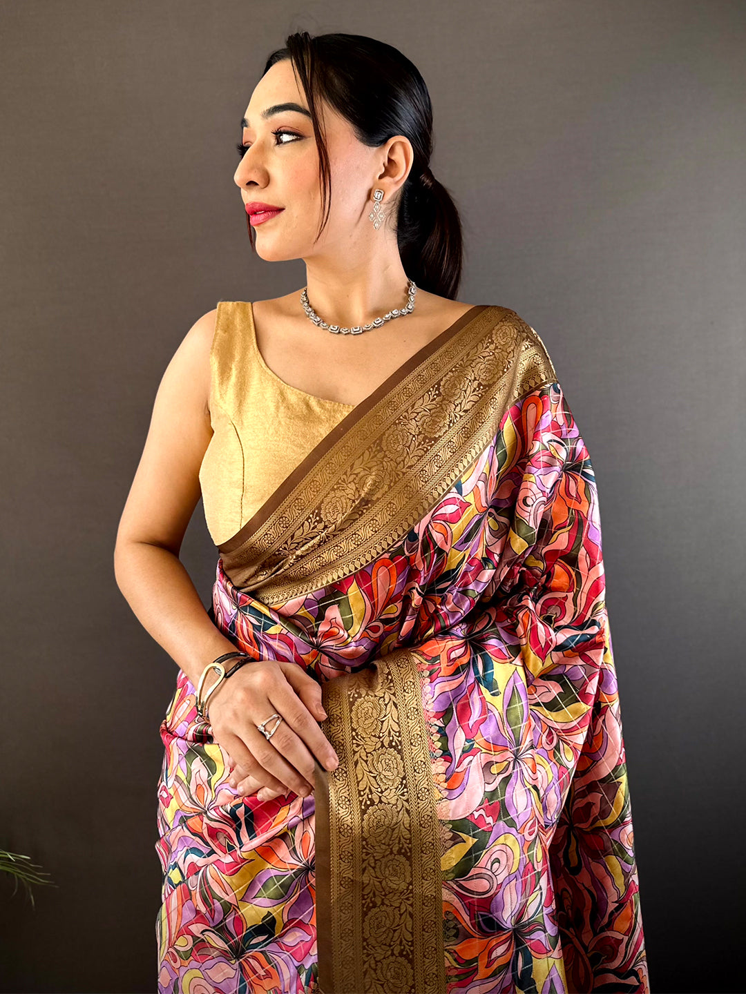 Brown Soft Gadwal Pattu Geometric Saree