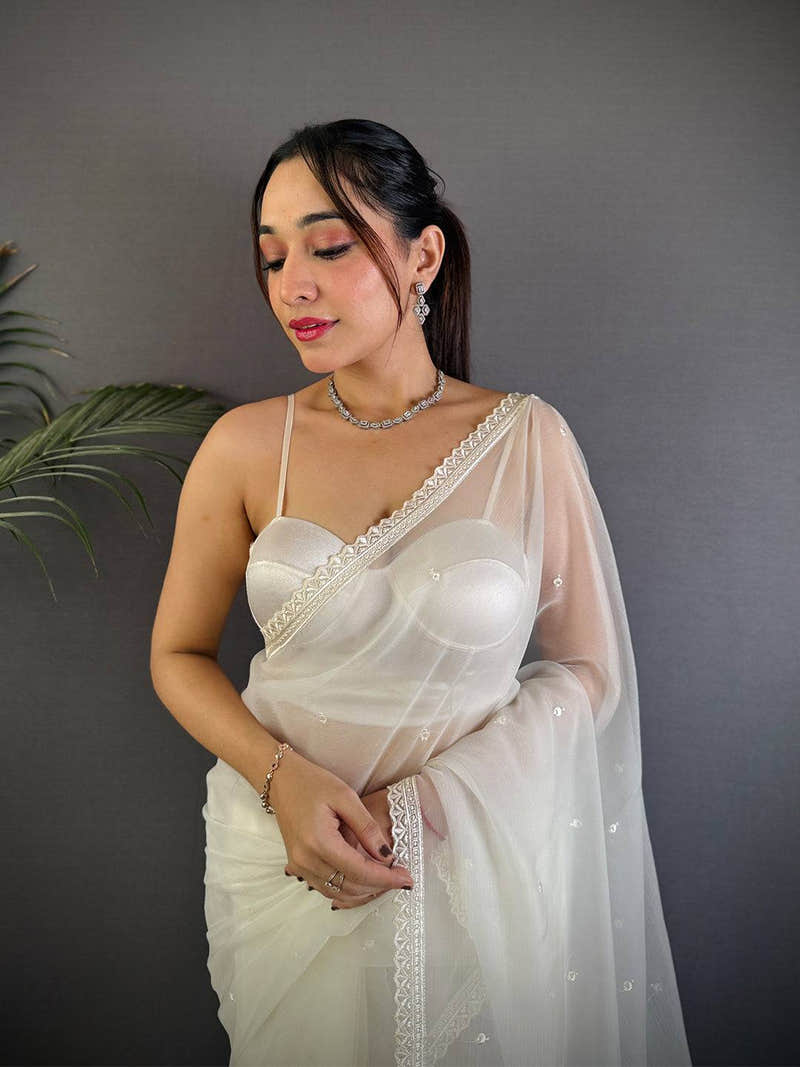 White Soft Chiffon Chikankari Work Saree