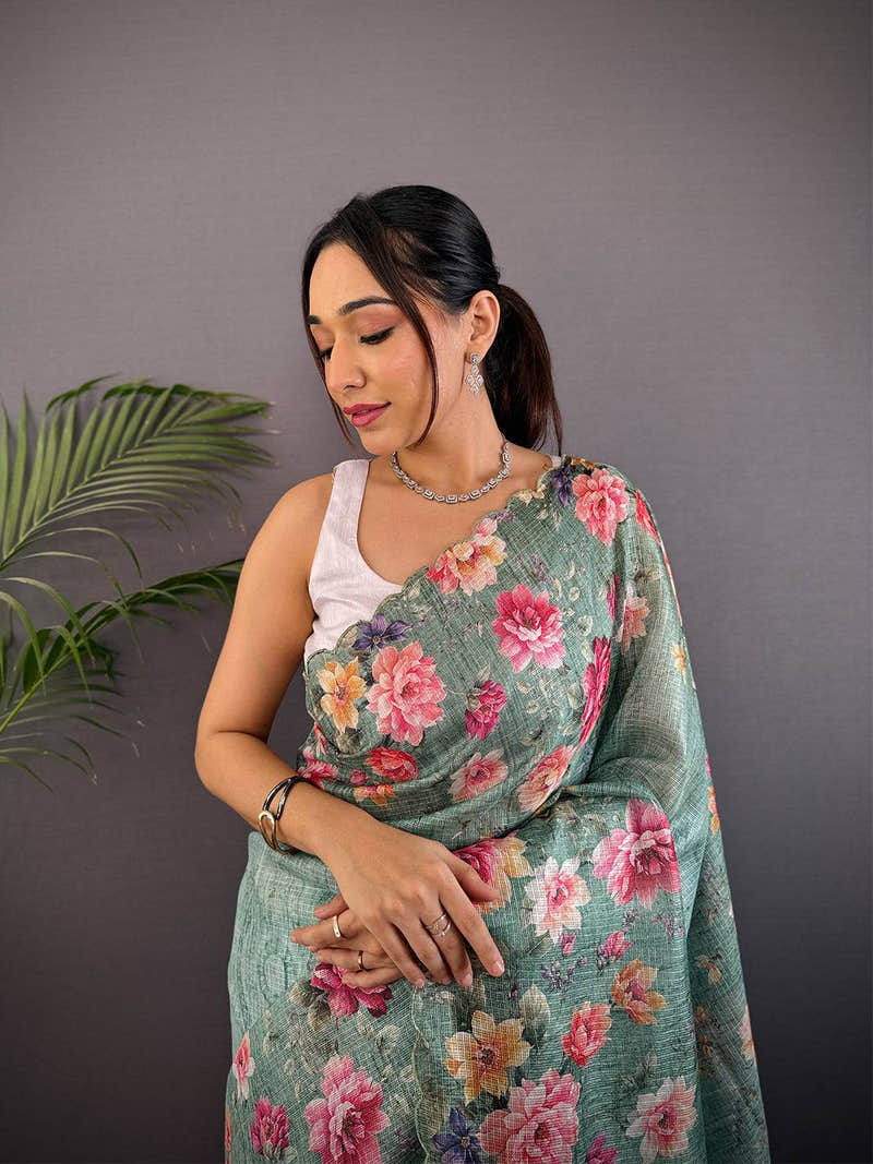 Mint Green Kota Doriya Floral Cut Work Saree