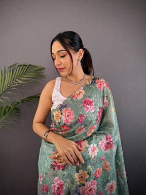 Mint Green Kota Doriya Floral Cut Work Saree