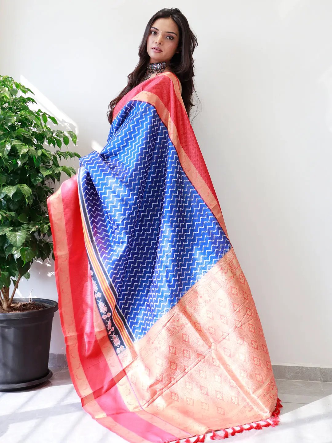 Side view of Soft Gadwal Border Pochampally Print Saree